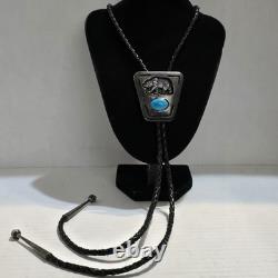Vtg Native Made/Signed'Jodi' Sterling Silver and Turquoise Bear Bolo 44 Inch