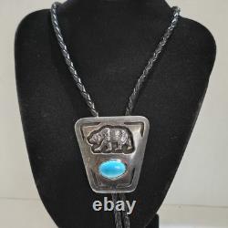Vtg Native Made/Signed'Jodi' Sterling Silver and Turquoise Bear Bolo 44 Inch