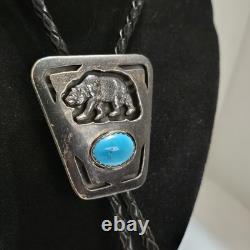 Vtg Native Made/Signed'Jodi' Sterling Silver and Turquoise Bear Bolo 44 Inch