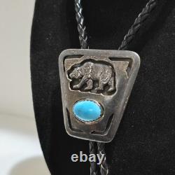 Vtg Native Made/Signed'Jodi' Sterling Silver and Turquoise Bear Bolo 44 Inch