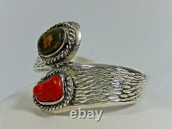 Vtg Navajo Heavy Cast Sterling Silver Green Turquoise Red Coral Cuff Bracelet