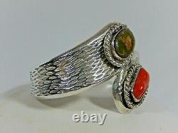 Vtg Navajo Heavy Cast Sterling Silver Green Turquoise Red Coral Cuff Bracelet