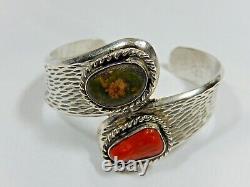 Vtg Navajo Heavy Cast Sterling Silver Green Turquoise Red Coral Cuff Bracelet
