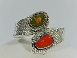 Vtg Navajo Heavy Cast Sterling Silver Green Turquoise Red Coral Cuff Bracelet