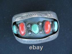 Vtg Navajo Kathleen Yazzie (K. Y.) Sterling Silver Turquoise Coral Cuff Bracelet