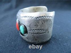 Vtg Navajo Kathleen Yazzie (K. Y.) Sterling Silver Turquoise Coral Cuff Bracelet