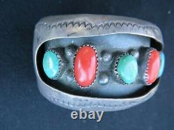 Vtg Navajo Kathleen Yazzie (K. Y.) Sterling Silver Turquoise Coral Cuff Bracelet