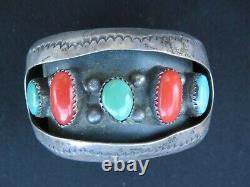 Vtg Navajo Kathleen Yazzie (K. Y.) Sterling Silver Turquoise Coral Cuff Bracelet