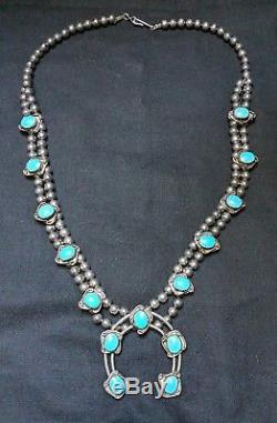 Vtg Navajo Old Pawn Silver Blue Gem Turquoise Bench Bead Squash Blossom Necklace