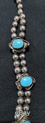 Vtg Navajo Old Pawn Silver Blue Gem Turquoise Bench Bead Squash Blossom Necklace