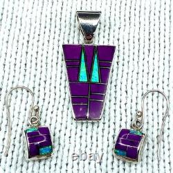 Vtg Navajo Purple Sugilite/ Opal Pendant Necklace Earrings, Inlay 925 St Silver