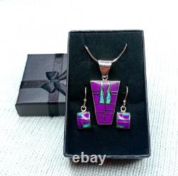 Vtg Navajo Purple Sugilite/ Opal Pendant Necklace Earrings, Inlay 925 St Silver