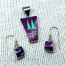 Vtg Navajo Purple Sugilite/ Opal Pendant Necklace Earrings, Inlay 925 St Silver