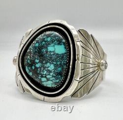 Vtg Navajo Sterling Silver #8 Blue Spiderweb Number 8 Turquoise Cuff Bracelet