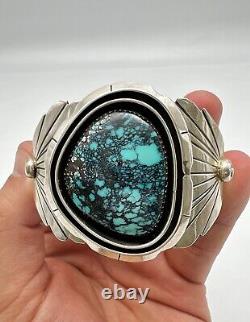 Vtg Navajo Sterling Silver #8 Blue Spiderweb Number 8 Turquoise Cuff Bracelet