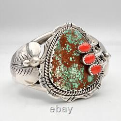 Vtg Navajo Sterling Silver #8 Number 8 Turquoise & Red Coral Cuff Bracelet 77.2g