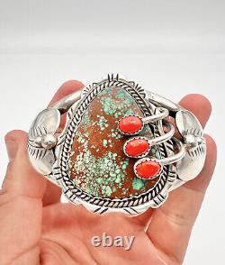 Vtg Navajo Sterling Silver #8 Number 8 Turquoise & Red Coral Cuff Bracelet 77.2g