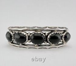 Vtg Navajo Sterling Silver Black Onyx 1 Row Cluster Stamped Cuff Bracelet 33g