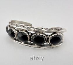 Vtg Navajo Sterling Silver Black Onyx 1 Row Cluster Stamped Cuff Bracelet 33g
