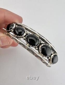 Vtg Navajo Sterling Silver Black Onyx 1 Row Cluster Stamped Cuff Bracelet 33g