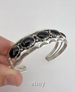 Vtg Navajo Sterling Silver Black Onyx 1 Row Cluster Stamped Cuff Bracelet 33g