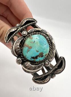 Vtg Navajo Sterling Silver Blue Gem Turquoise Carinated Leaf Cuff Bracelet
