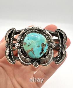 Vtg Navajo Sterling Silver Blue Gem Turquoise Carinated Leaf Cuff Bracelet