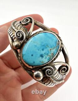 Vtg Navajo Sterling Silver & Blue Godber Turquoise Leaf Cuff Bracelet