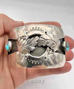 Vtg Navajo Sterling Silver Carico Lake Turquoise Leaf Wide Cuff Bracelet 68.5g