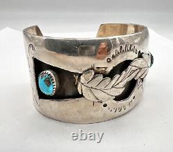 Vtg Navajo Sterling Silver Carico Lake Turquoise Leaf Wide Cuff Bracelet 68.5g