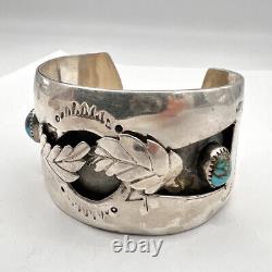 Vtg Navajo Sterling Silver Carico Lake Turquoise Leaf Wide Cuff Bracelet 68.5g