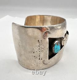 Vtg Navajo Sterling Silver Carico Lake Turquoise Leaf Wide Cuff Bracelet 68.5g