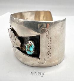 Vtg Navajo Sterling Silver Carico Lake Turquoise Leaf Wide Cuff Bracelet 68.5g