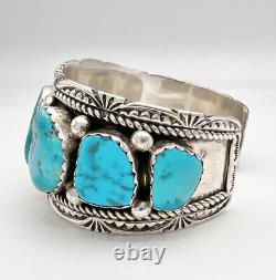 Vtg Navajo Sterling Silver Carico Lake Turquoise Stamped Cuff Bracelet 76.3g