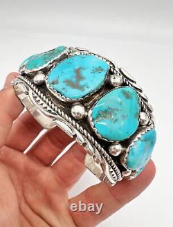 Vtg Navajo Sterling Silver Carico Lake Turquoise Stamped Cuff Bracelet 76.3g