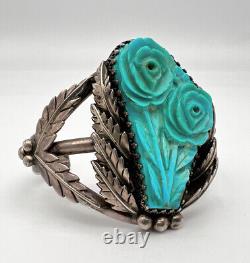 Vtg Navajo Sterling Silver Carved Blue Turquoise Rose Flower Cuff Bracelet 62.6g