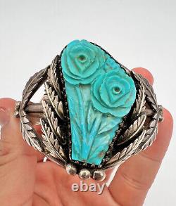 Vtg Navajo Sterling Silver Carved Blue Turquoise Rose Flower Cuff Bracelet 62.6g