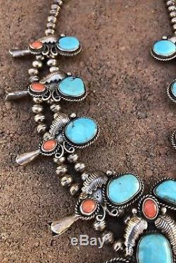 Vtg Navajo Sterling Silver Kingman Turquoise & Red Coral Squash Blossom Necklace