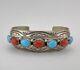 Vtg Navajo Sterling Silver Sleeping Beauty Turquoise & Red Coral Cuff Bracelet