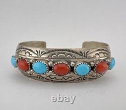 Vtg Navajo Sterling Silver Sleeping Beauty Turquoise & Red Coral Cuff Bracelet