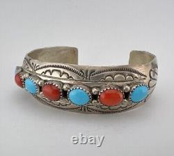 Vtg Navajo Sterling Silver Sleeping Beauty Turquoise & Red Coral Cuff Bracelet