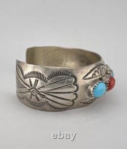 Vtg Navajo Sterling Silver Sleeping Beauty Turquoise & Red Coral Cuff Bracelet