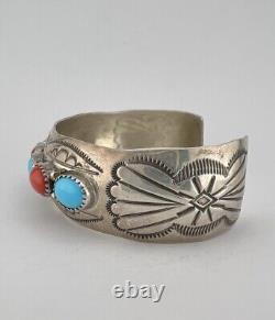 Vtg Navajo Sterling Silver Sleeping Beauty Turquoise & Red Coral Cuff Bracelet