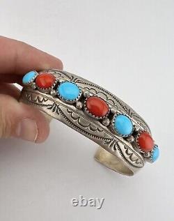Vtg Navajo Sterling Silver Sleeping Beauty Turquoise & Red Coral Cuff Bracelet