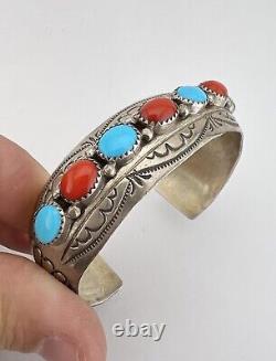 Vtg Navajo Sterling Silver Sleeping Beauty Turquoise & Red Coral Cuff Bracelet