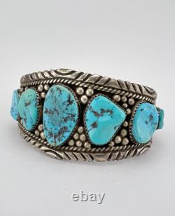 Vtg Navajo Sterling Silver Sleeping Beauty Turquoise Stamped Cuff Bracelet 66.2g