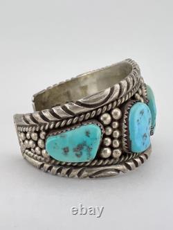 Vtg Navajo Sterling Silver Sleeping Beauty Turquoise Stamped Cuff Bracelet 66.2g