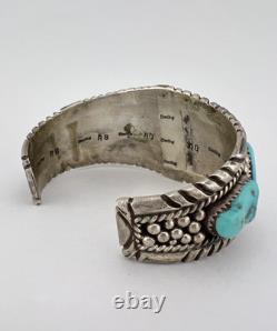 Vtg Navajo Sterling Silver Sleeping Beauty Turquoise Stamped Cuff Bracelet 66.2g