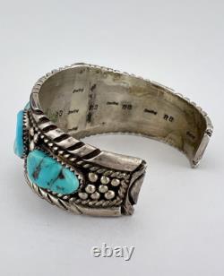 Vtg Navajo Sterling Silver Sleeping Beauty Turquoise Stamped Cuff Bracelet 66.2g