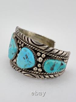 Vtg Navajo Sterling Silver Sleeping Beauty Turquoise Stamped Cuff Bracelet 66.2g